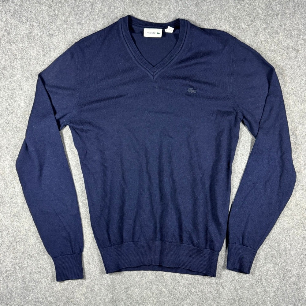 Lacoste V-Neck Sweater Mens Medium‎ Navy Blue Merino Wool Tonal Logo Knit
